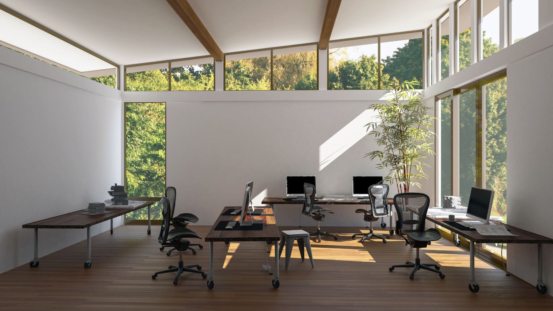 A room with a lot of desks and chairs