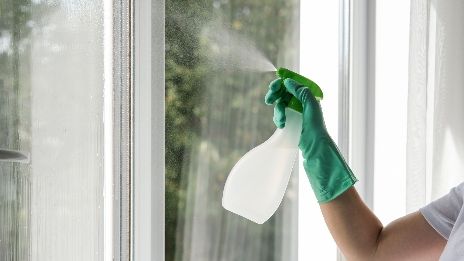 A woman in a white shirt and green gloves is cleaning a window